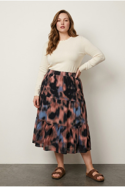 Stil Diva Plus Size Elastic Waist Pleated Patterned Skirt with Stretchy Fabric