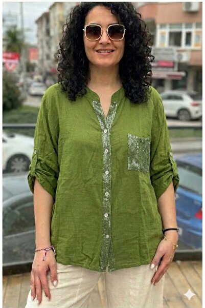 AYASOFYA OTANTIK Γυναικείο ιταλικό πουκάμισο με λεπτομέρεια από παγιέτες, πτυ...