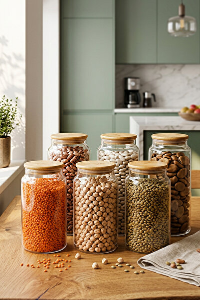 Snippy Noze - 6'lı Bambu Kapaklı Cam Saklama Kabı Sızdırmaz Vakum Kapaklı Bah...