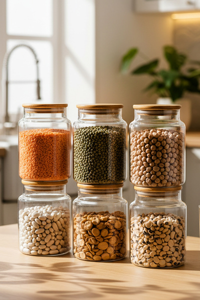 Snippy Noze - 6'lı Orta Boy Bambu Kapaklı Cam Saklama Kabı Sızdırmaz Vakum Ka...