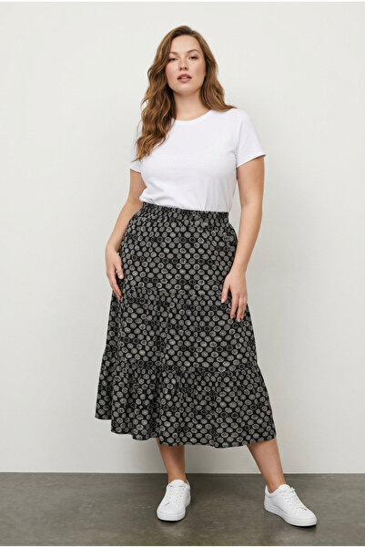 Stil Diva Plus Size Elastic Waist Pleated Patterned Skirt with Stretchy Fabric