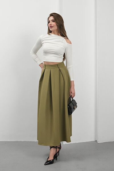 Hisleria Ψηλόμεση πλισέ μακριά φούστα με φερμουάρ - Χακί