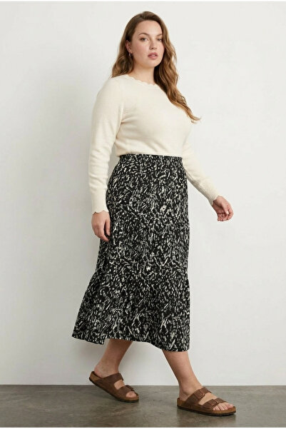 Stil Diva Plus Size Elastic Waist Pleated Patterned Skirt with Stretchy Fabric