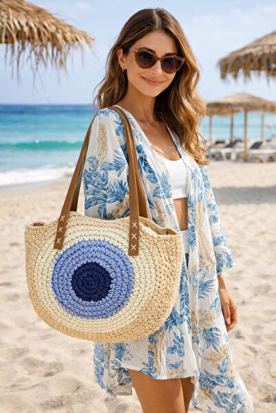 MARBERRY Ψάθινη γυναικεία τσάντα με δερμάτινο λουράκι σε χρώμα εκρού και λεπτ...