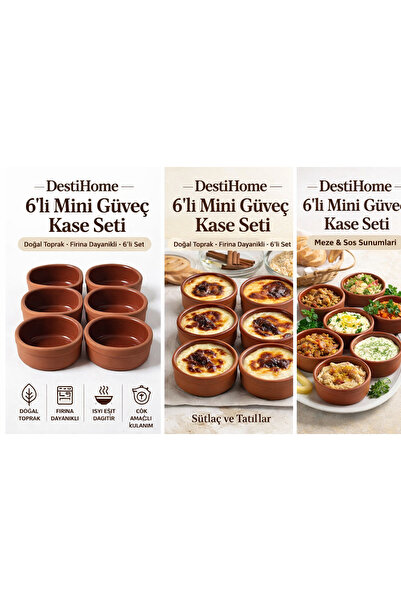 DestiHome 6'lı Mini Oval Sütlaç Güveç Seti Fırın Kase Güveç Kabı Sufle Kabı Sütlaçlık Sosluk ve Mezelik Kase