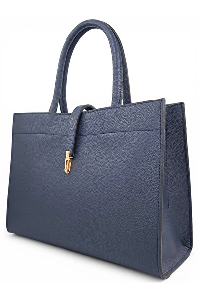 Evident Navy Blue Soft Textured Hand and Document Women's Bag with Lock Detail