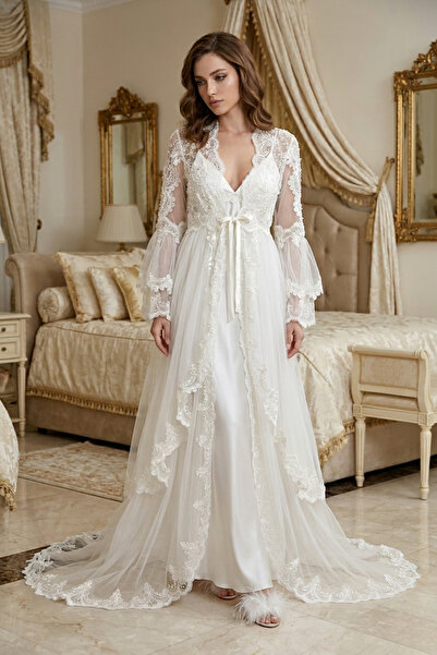 big mama Bridal Robe Set - Luxurious Lace Long Nightgown and Silk Honeymoon Set