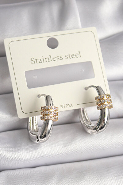 shopwave 316L Steel Silver Color Hoop Zircon Gold Zircon Stone Women's Earrings