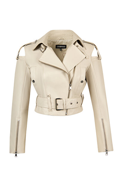 Derimod Avanti Women's Beige Off-Shoulder Short Biker Leather Jacket 26Sgd5672U7