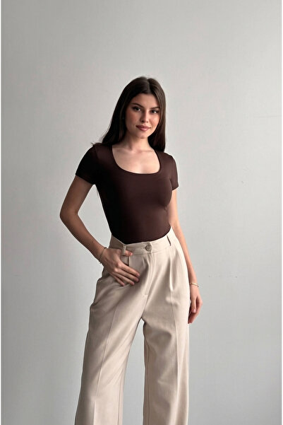 MODiSCHO Kadın Kahverengi Kare Yaka Slim Fit Pamuklu Ultra Soft Likralı Kumaş...