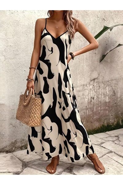 Varyete Women's Rope Strap V-Neck Patterned Long Single Jersey Dress