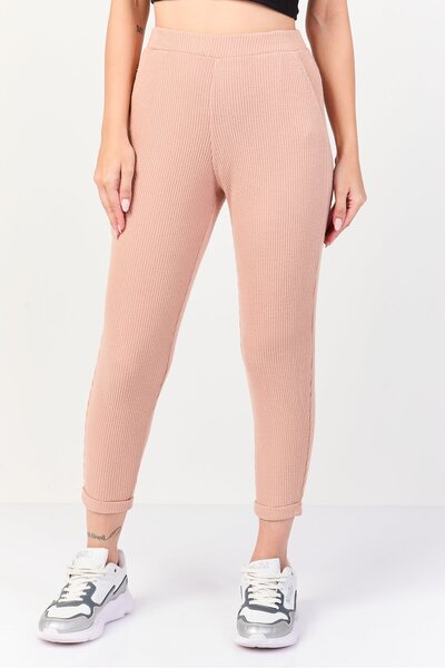 Etam Women Ribbed Pull On Leggings, Light Tan