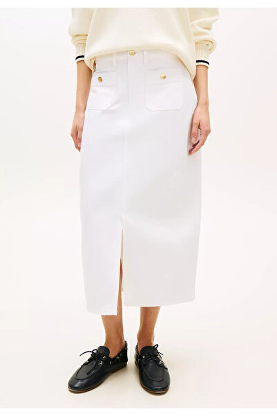 Tommy Hilfiger Women's Regular Fit Slit Midi Length Denim White Skirt Ww0Ww48...