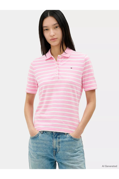 Tommy Hilfiger Women's Striped Polo Collar Button Closure Regular Cut Pink Po...