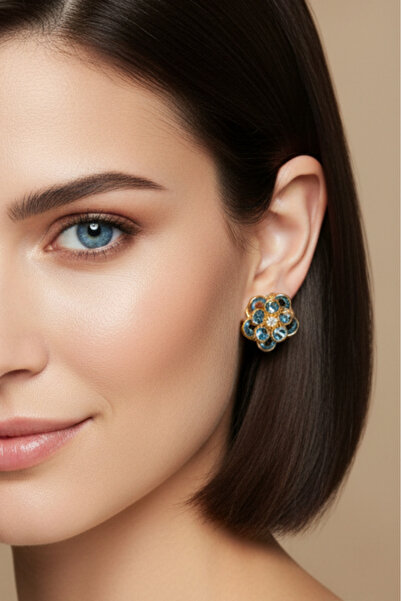 Reoona Handmade Special Design Blue Flower Crystal Earrings