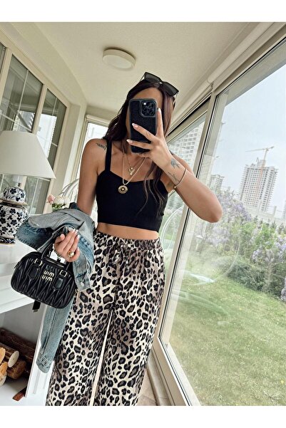 Perry Boutique Γυναικείο σατέν παντελόνι με λεοπάρ σχέδιο και ελαστική μέση