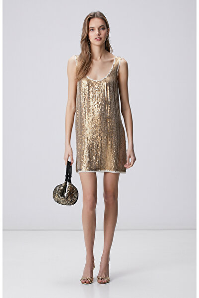 Network Gold Payetli Abiye Elbise