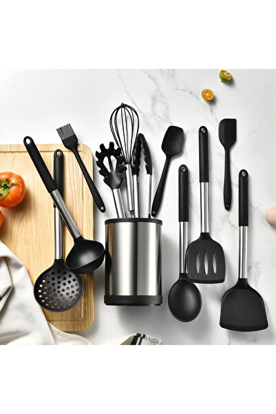 Arabest 12Pcs Silicone Kitchen Utensil Set,with Rotating Storage Bucket(Black)