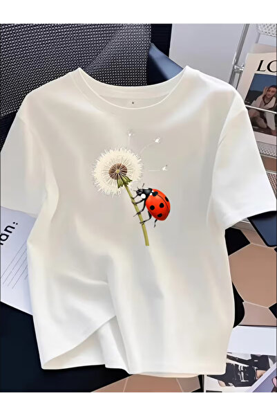 LİNA06 100% Plus Size Women's Dandelion Insect Print Round Neck Short Sleeve ...