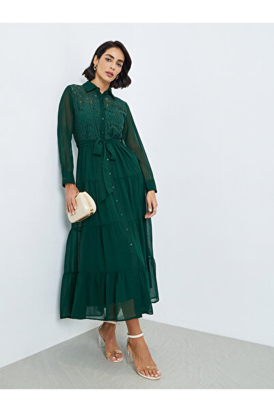 Styli Dark Green Lace Panel Maxi Dress with Tie-Belt