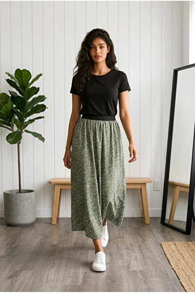 BBS Daisy Patterned Green Elastic Skirt - Loose Cut Long Skirt