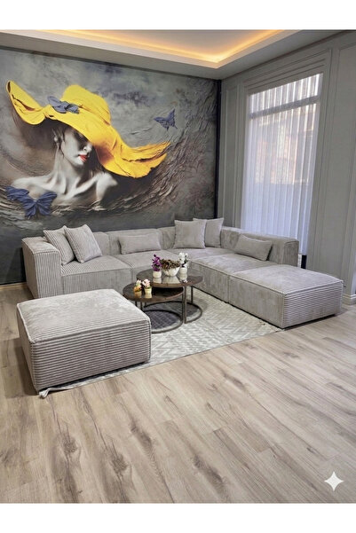 Erduran Mobilya Angelo 4 modül + 2 puf gri fitilli kadife köşe koltuk takımı