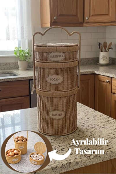 Bayev Penta Yuvarlak 3 Katlı Hasır Kapaklı Patates Soğan Sarımsak Sepeti - 3 ...