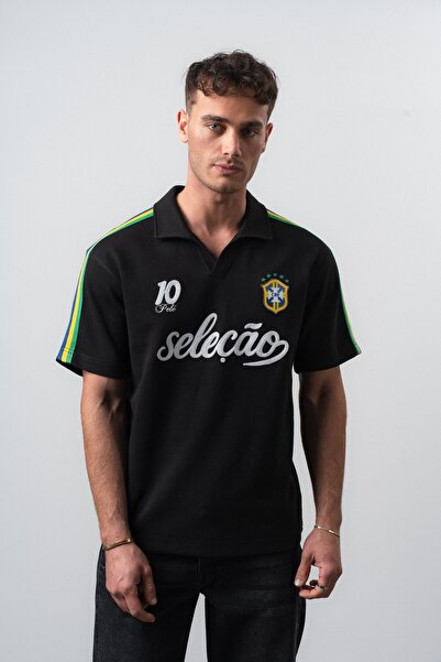 Respire Men's Seleçao World Cup Regular Fit Polo Neck Fan T-Shirt Black