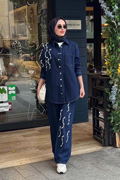 Moodbasic İncili Pantolonlu Denim Takım MB24.756 Lacivert