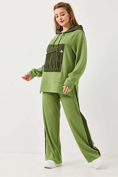 Raneel Kazançlı Alışveriş Women's green hooded tracksuit with front pockets