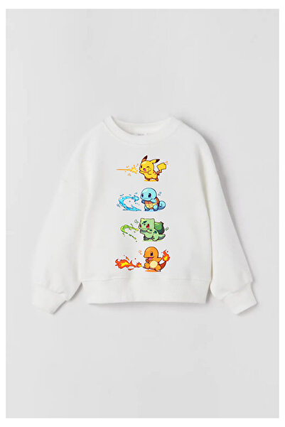 Tubinyoo Pokemon Printed White Crew Neck 3 Thread Sweatshirt