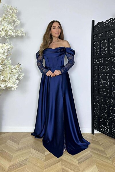 gesmoda G1774 Dantel Detaylı Drapeli Maksi Saten Abiye Elbise Lacivert
