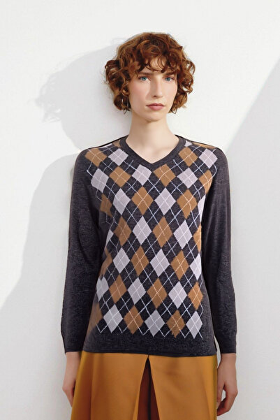 Desen Triko Women's V-Neck Diamond Pattern Wool Sweater Brown