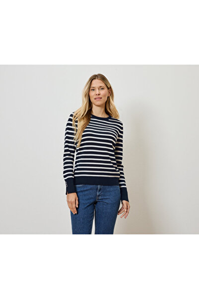 Tchibo Women's Thin Knit Sweater, Navy Blue-White Striped