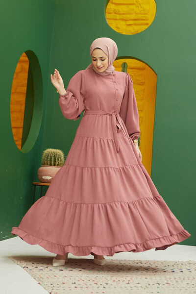 Neways 6599-فستان كريب مكشكش بلون وردي باهت