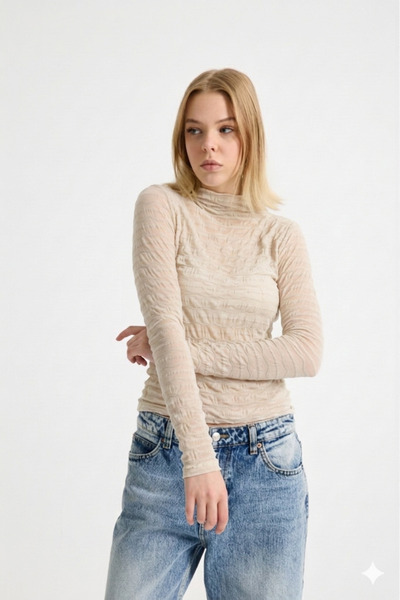 MERİCEY Women's Sheer Tulle Blouse – High Neck Long Sleeve Transparent Top