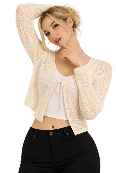 ModaAzen Ecru Openwork Tied Cotton Women's Crop Cardigan