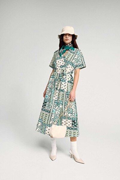 United Colors of Benetton Rochie din poplin verde deschis, 100% bumbac, cu de...