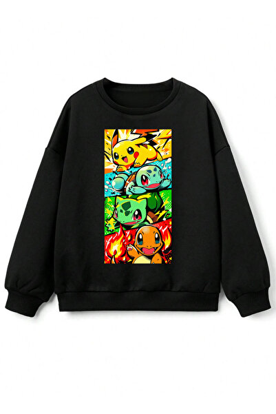 Tubinyoo Pokemon Printed Black Crew Neck 3 Thread Sweatshirt