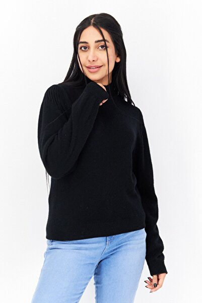 Aqua Women Mock Neck Long Sleeves Solid Top, Black