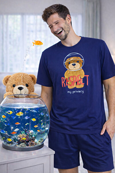 koza iç giyim Men's Cotton Navy Blue Printed Pajama Set with Pockets