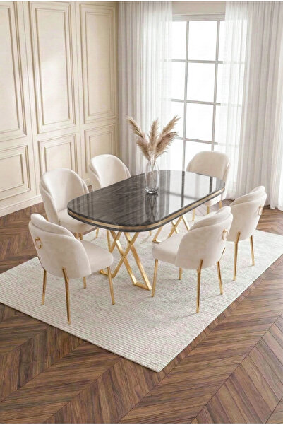 DEREN HOME Asil Gold Serisi 90x168 MDF Lak Panel Masa Metal Ayak Yemek Mutfak...