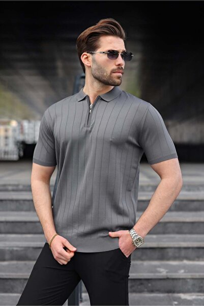 Madmext Anthracite Half Zip Polo Collar Knitwear Men's T-Shirt E7298
