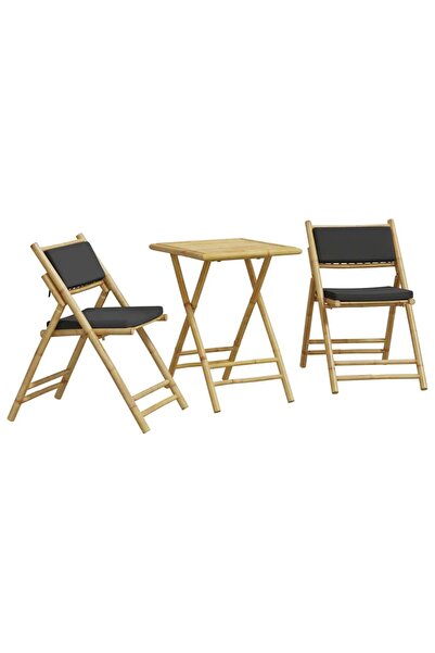 vidaxl Set de bistro pliabil, 3 piese, cu perne gri închis, bambus
