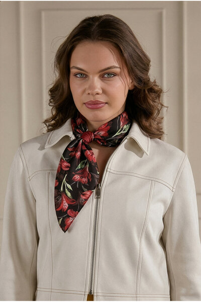 SilkTouch وشاح رقبة حريري من الرايون بنقشة التوليب والأشكال الهندسية على الوجهين