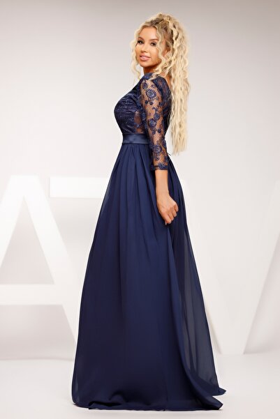 Atmosphere Fashion Rochie lungă bleumarin cu corset din dantelă, XS