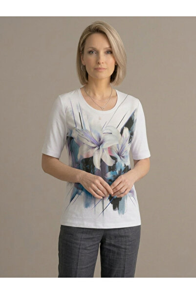 YXL COLLECTION Women's Plus Size Stretch Fabric Biscuit Neck Floral Print Sho...