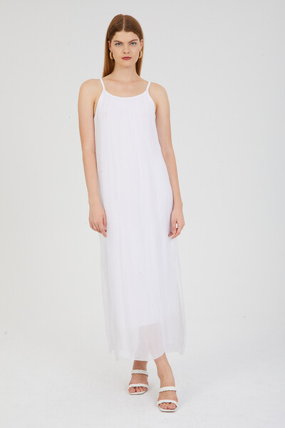 della moor White Italian Strap Dress with Side Slits and Lining, Long Silk Dr...