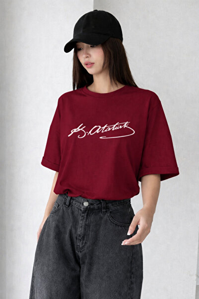 DEZZİİ Tricou supradimensionat, imprimat, semnat Atatürk, roșu Claret