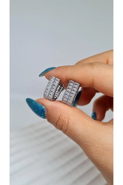 stainles steel Baget Taşlı Halka Gümüş Renk Küpe